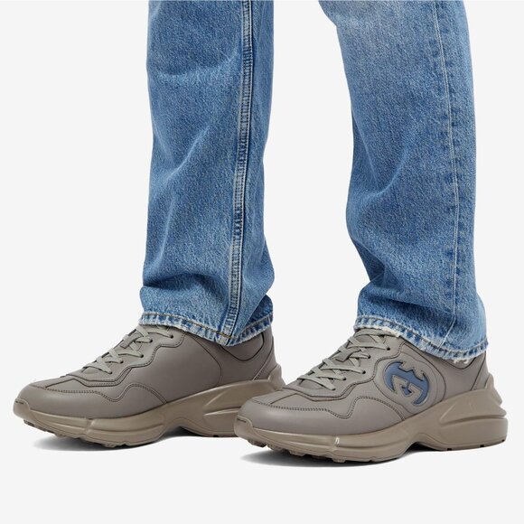 GUCCI SNEAKERS MENS RHYTON SHOES GREY INTERLOCKING LOGO LEATHER - Picture 1 of 15